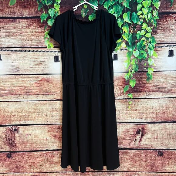 Talbots Midi Dress XL Black Short Sleeve Ruffle V Neck Stretchy Flowy - Picture 3 of 5